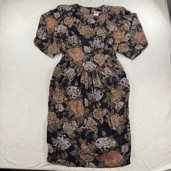 VTG Carol Anderson Floral Midi Dress Short Sleeve Black Rose Print Size 8 Grunge - Picture 1 of 9